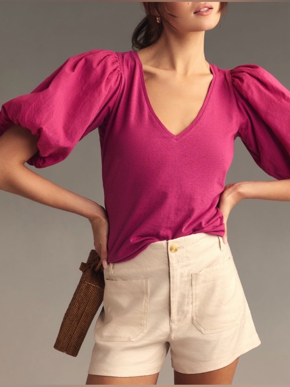 Anthropologie Puff-Sleeve V-Neck Top